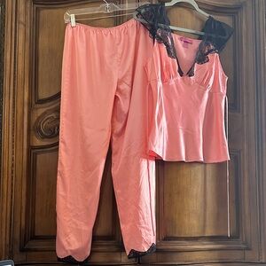 Betsey Johnson Pink Pajama Set with Black Lace Large